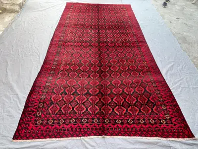 6'10x12'4 Ft Vintage Afghan Turkmen Ersari Handknotted Soft Pile Rug, All-Over Repeating Gul Red Black Wool | 