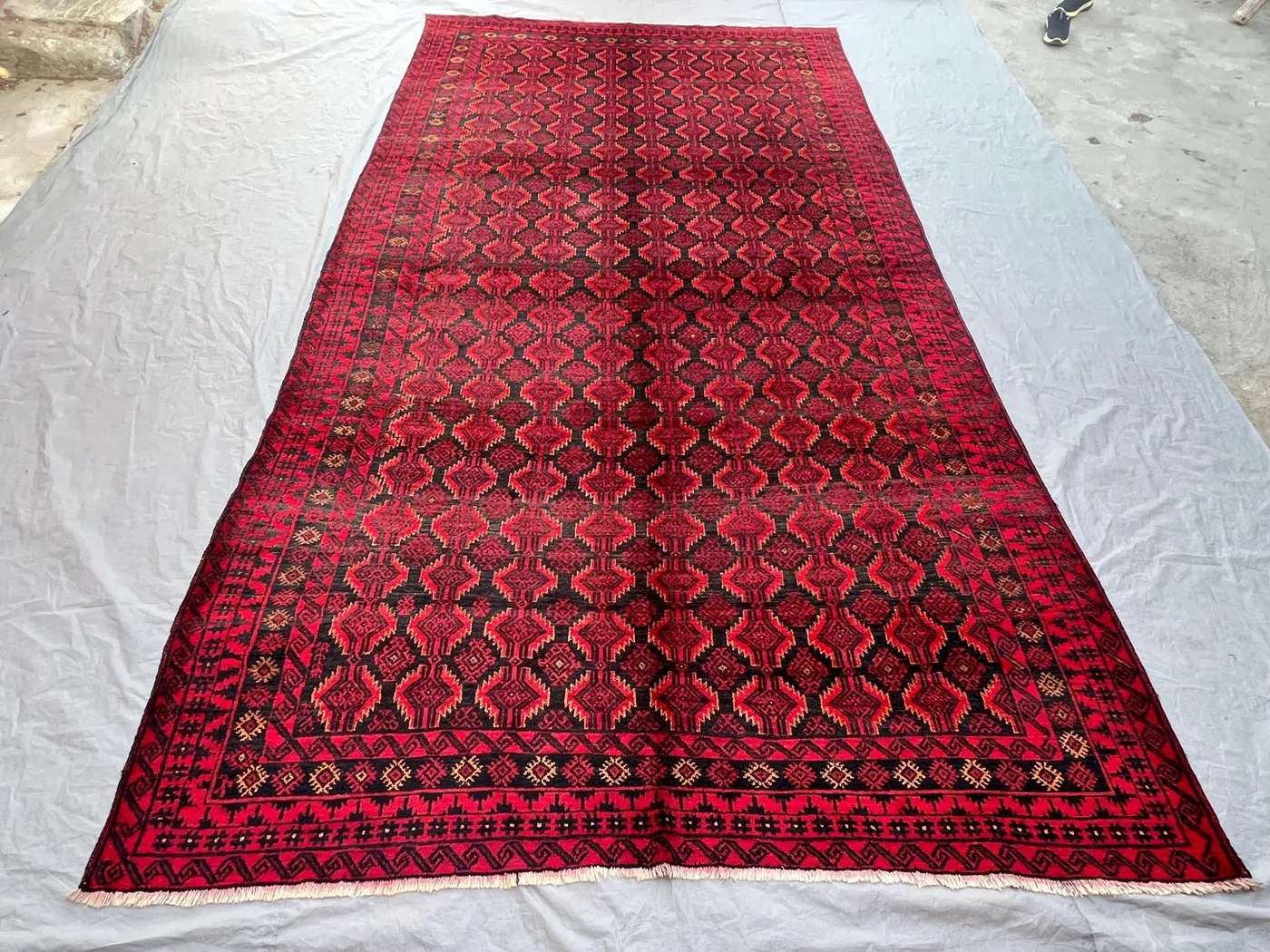 6'10x12'4 Ft Vintage Afghan Turkmen Ersari Handknotted Soft Pile Rug, All-Over Repeating Gul Red Black Wool | Living Dining Room Decor