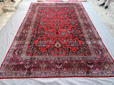 9'4x12'8 Ft Antique Afghan Hand-Knotted Rug, Persian-Style Mashad Floral Medallion Design, Red Navy Wool Overs