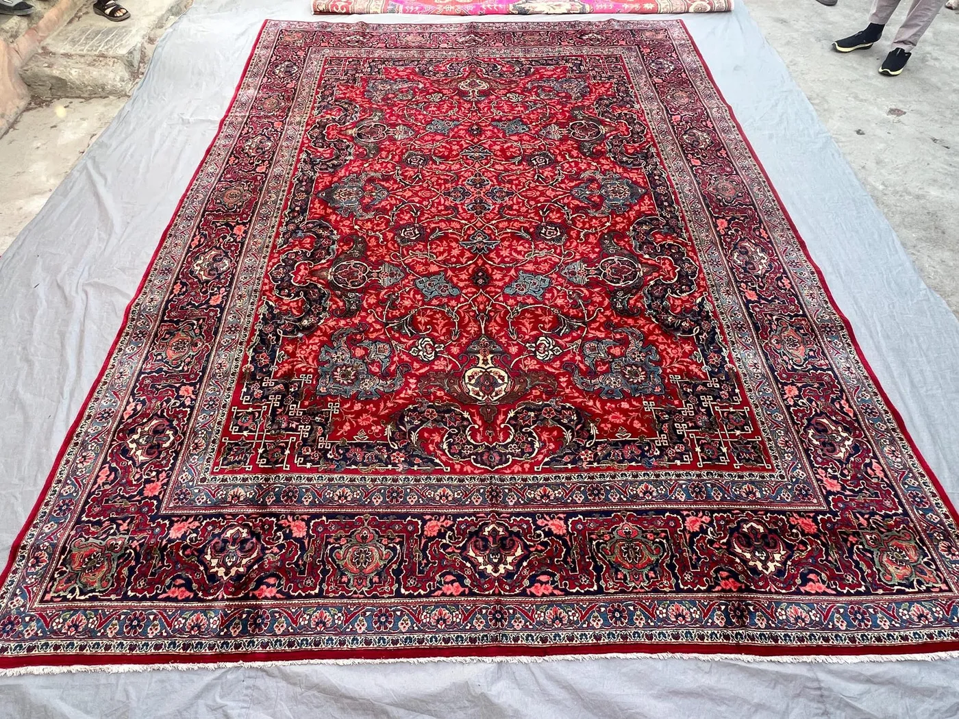 9'4x12'8 Ft Antique Afghan Hand-Knotted Rug, Persian-Style Mashad Floral Medallion Design, Red Navy Wool Oversized Rug | Living Dining Room