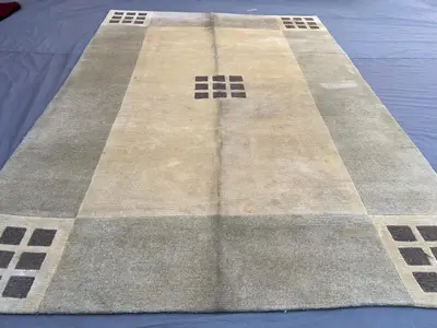 6'4x9'3 Vintage Afghan Gabbeh Wool Pile Rug HandKnotted Minimalist Open Field Square Motif Ivory Sage Grey Are