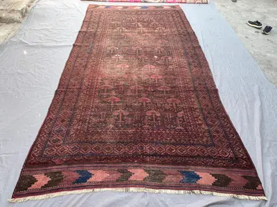 6'11x12'3 Ft Antique Afghan Baluchi Wool Pile Rug Hand-Knotted All-Over Tree of Life Deep Rust Navy Large Area