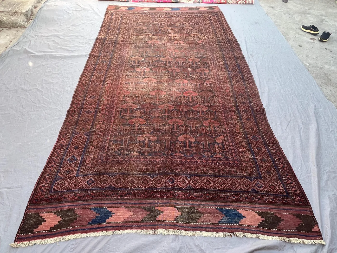 6'11x12'3 Ft Antique Afghan Baluchi Wool Pile Rug Hand-Knotted All-Over Tree of Life Deep Rust Navy Large Area Rug | Living Room Dining Room