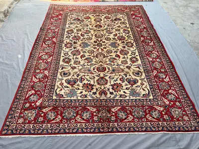 8'4x11'6 Ft Antique Afghan Wool Pile Rug Hand-Knotted All-Over Floral Arabesque Ivory Deep Red Teal Large Area