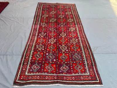 5x10'4 Ft Vintage Afghan Ersari Handknotted Medium Pile Large Area Rug, All-Over Panel Grid Star Red Purple Wo