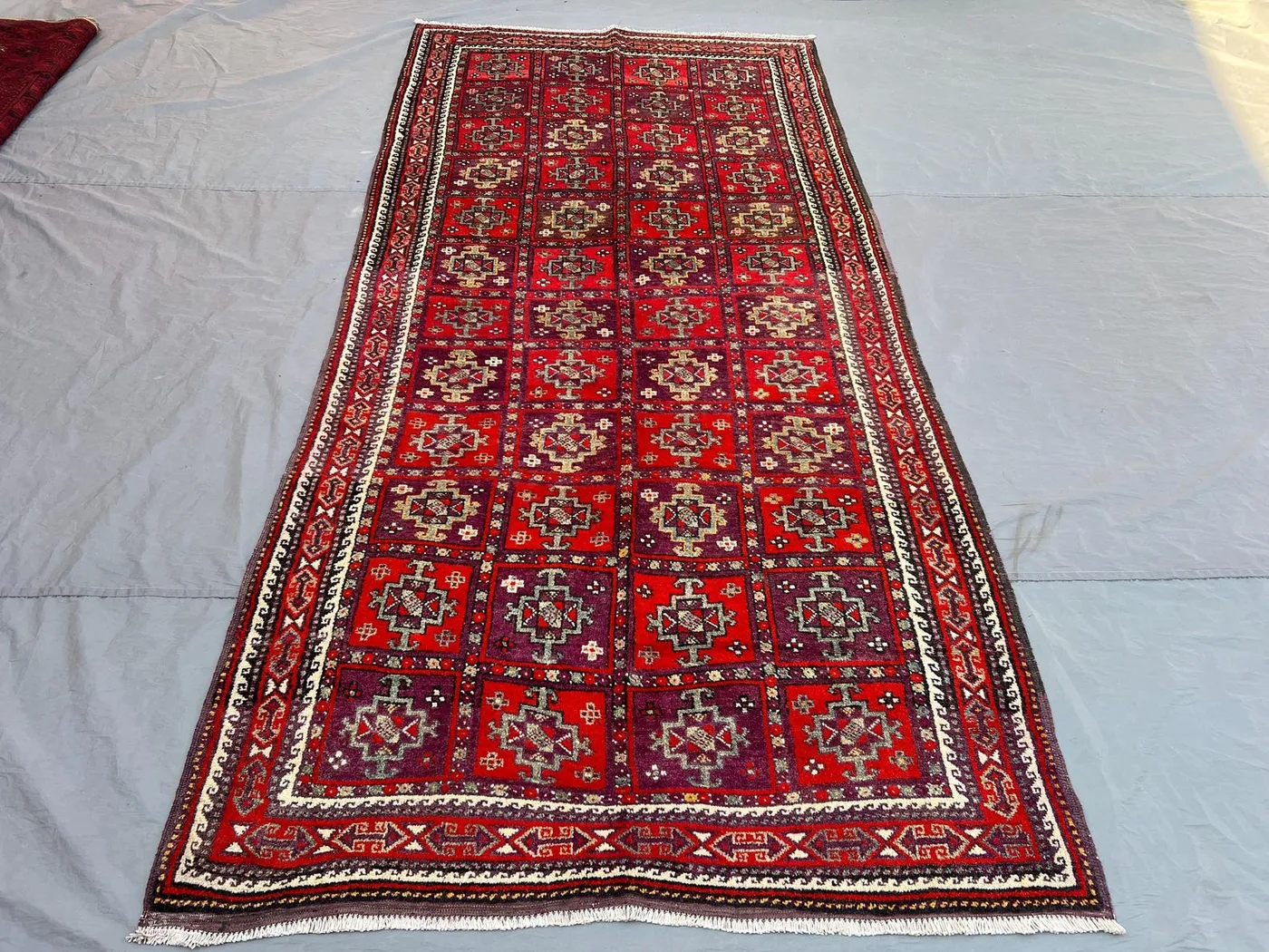 5x10'4 Ft Vintage Afghan Ersari Handknotted Medium Pile Large Area Rug, All-Over Panel Grid Star Red Purple Wool | Living Dining Room Decor
