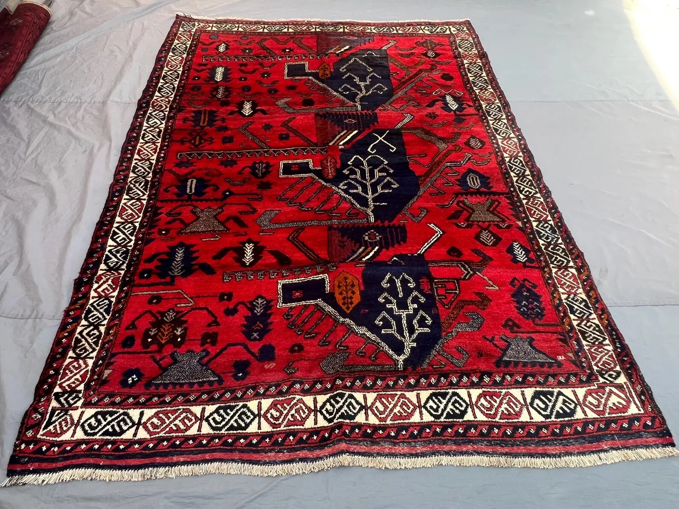 7'2x9'10 Vintage Afghan Hand Knotted Wool Rug | Deep Red Tribal Tree of Life Pictorial Area Rug | Nomadic Geometric Carpet | Home Decor