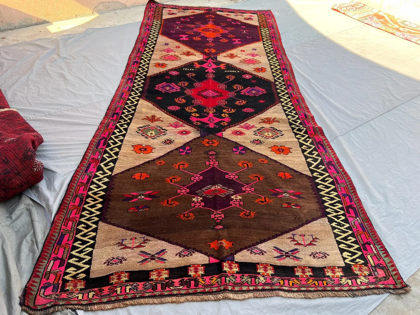 5'9x13'7 Vintage Afghan Hand Knotted Wool Runner Rug | Multicolor Tribal Diamond Medallion Hallway Runner | Nomadic Geometric Carpet