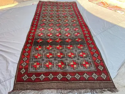 5'9x13'3 Ft Vintage Afghan Hand Knotted Wool Runner Rug | Grey Red Tribal All-Over Geometric Pattern Hallway R