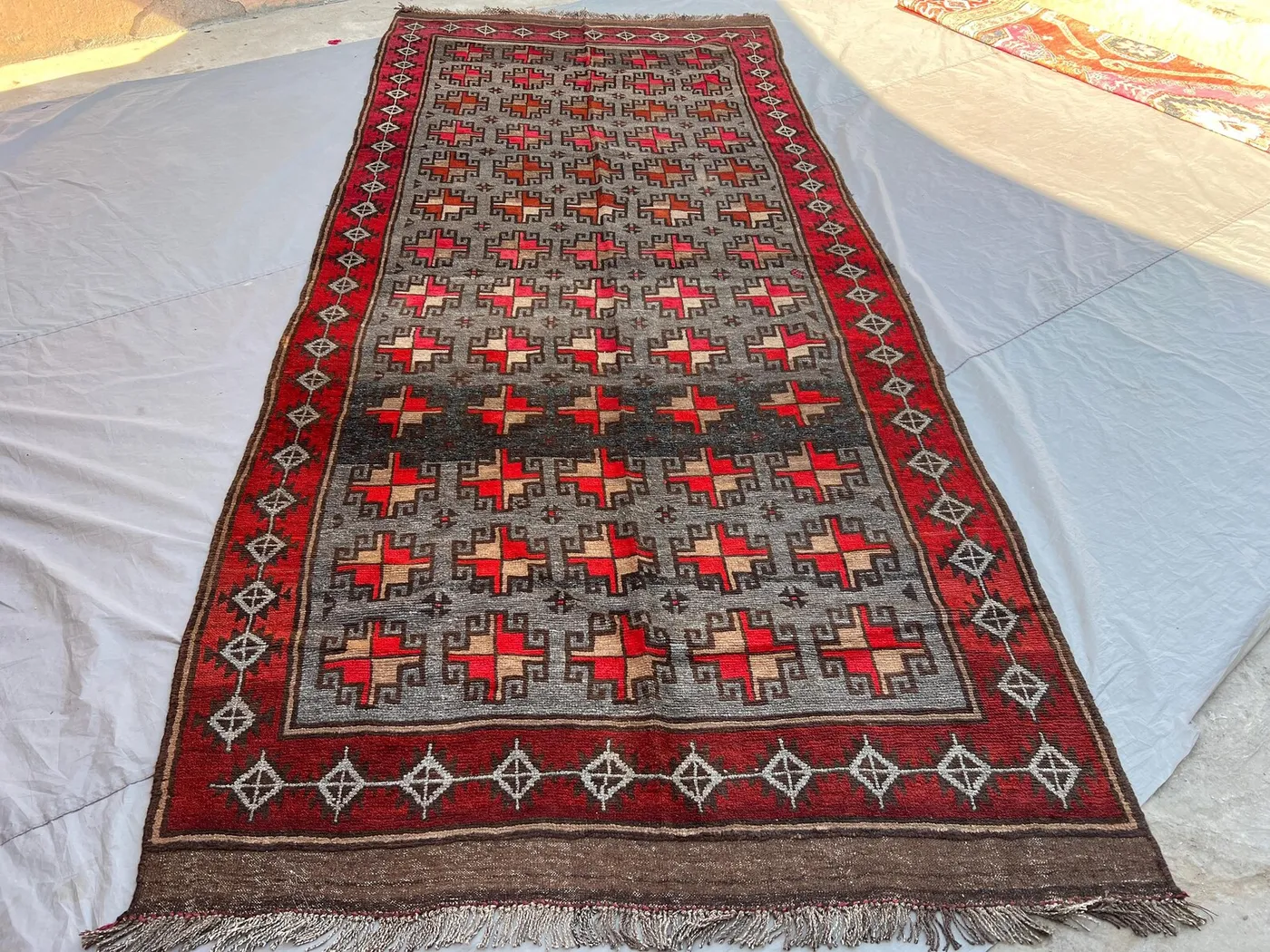 5'9x13'3 Ft Vintage Afghan Hand Knotted Wool Runner Rug | Grey Red Tribal All-Over Geometric Pattern Hallway Runner | Nomadic Carpet
