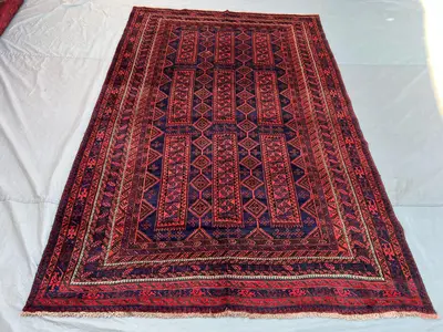 6'3x9'7 Afghan Baluch Style Panel Rug | Vintage Hand Knotted Wool | Deep Navy Red Column Design