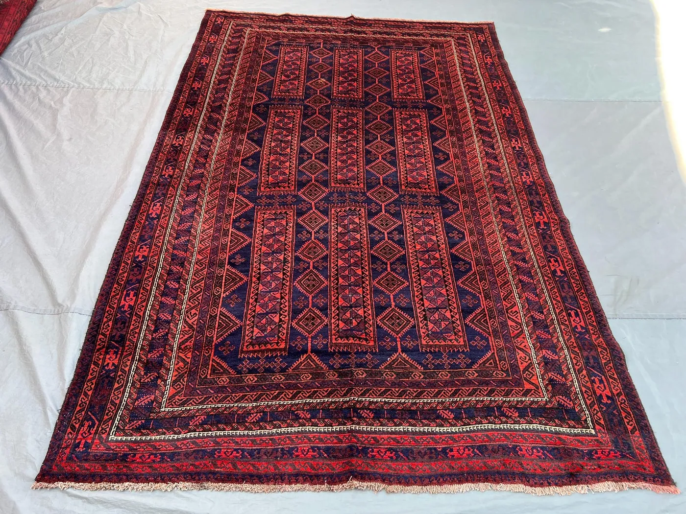 6'3x9'7 Afghan Baluch Style Panel Rug | Vintage Hand Knotted Wool | Deep Navy Red Column Design