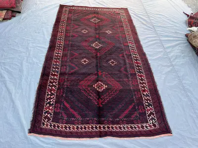 4'7x8'3 ft Vintage Afghan Baluchi Hand Knotted Wool Rug Dark Navy Crimson Tribal Diamond Medallion Geometric R