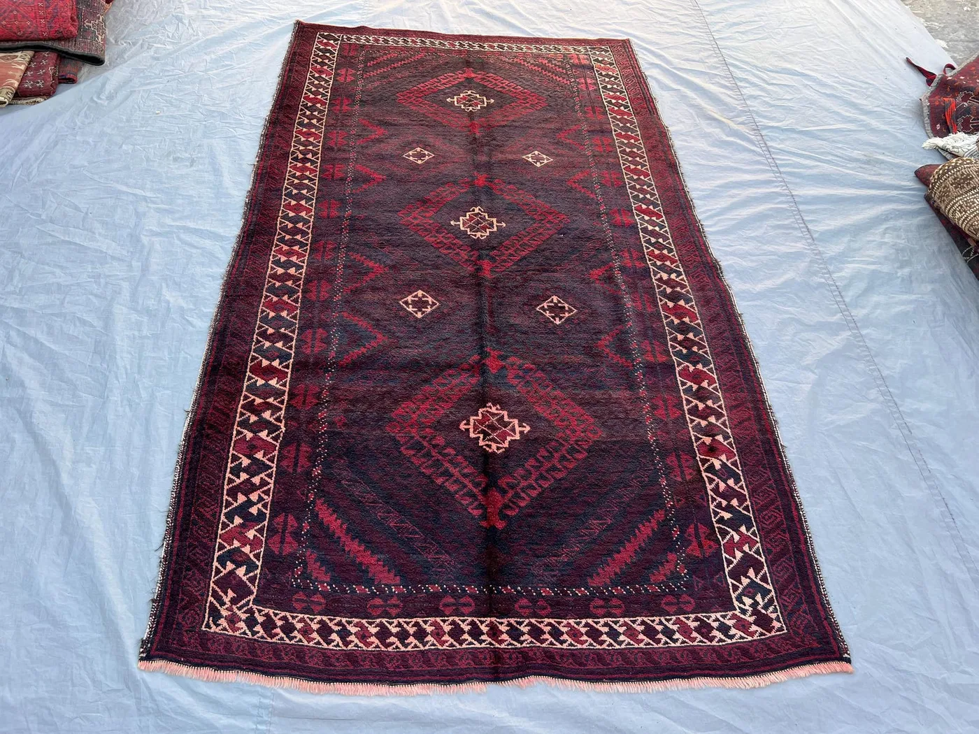 4'7x8'3 ft Vintage Afghan Baluchi Hand Knotted Wool Rug Dark Navy Crimson Tribal Diamond Medallion Geometric Rug Living Room
