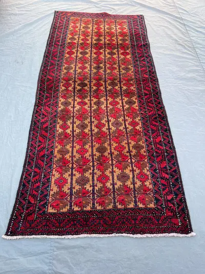 3'10x8'9 ft Vintage Afghan Baluchi Hand Knotted Wool Runner Rug Camel Red Striped Column Geometric Tribal Hall