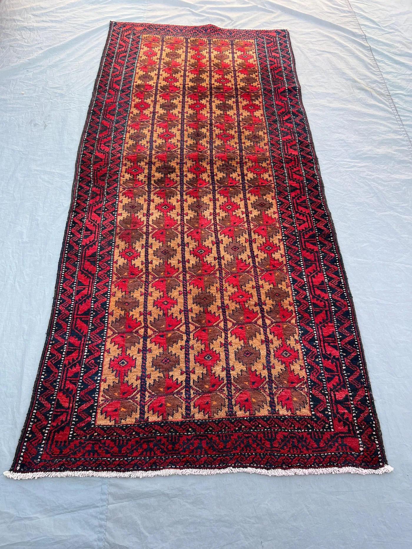 3'10x8'9 ft Vintage Afghan Baluchi Hand Knotted Wool Runner Rug Camel Red Striped Column Geometric Tribal Hallway Runner Rug