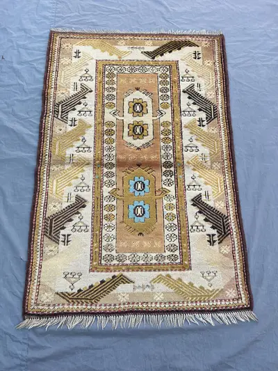 2'11x4'5 ft Vintage Afghan Hand Knotted Wool Rug Ivory Camel Tribal Floral Medallion Geometric Rug Living Room