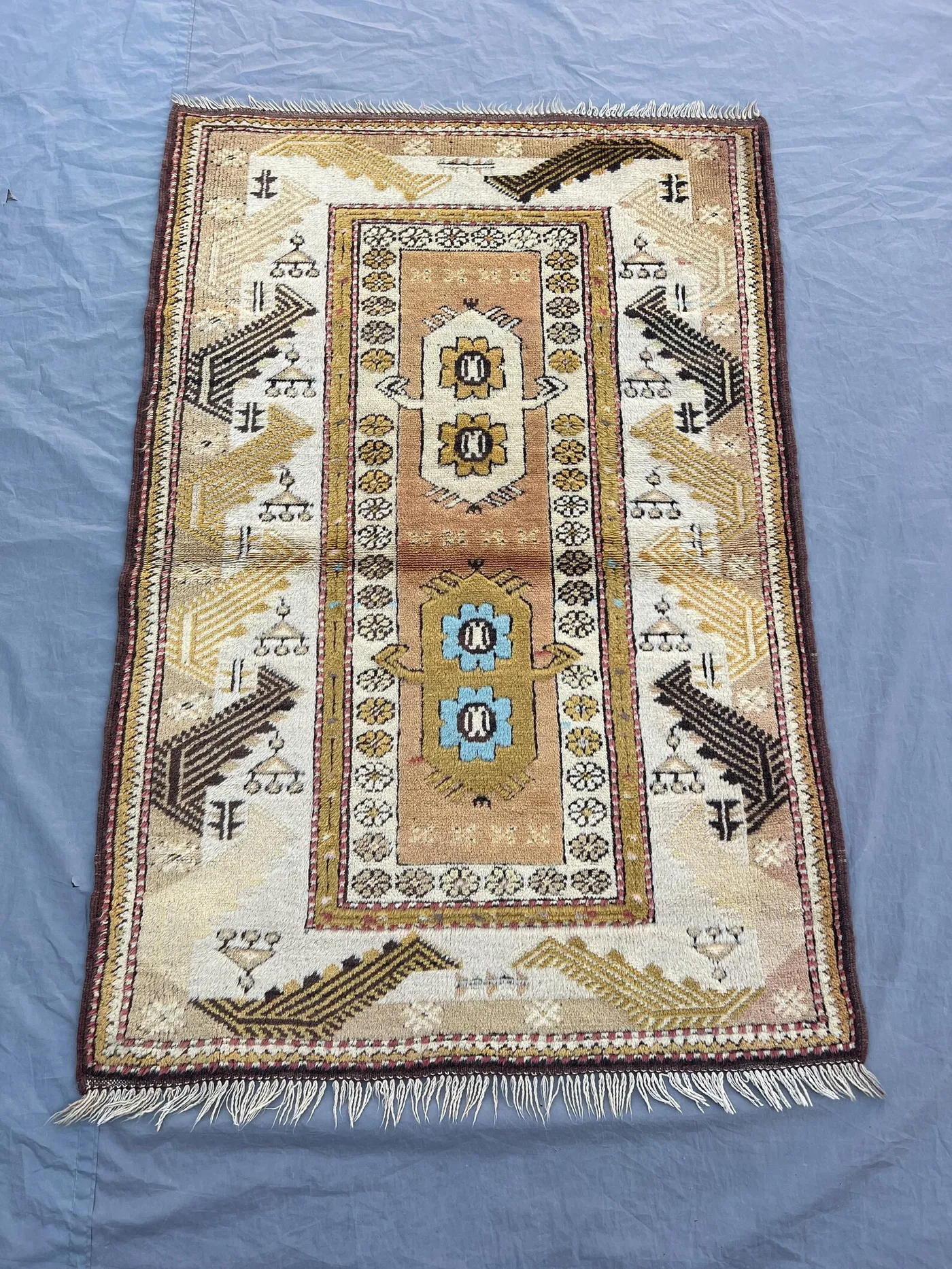 2'11x4'5 ft Vintage Afghan Hand Knotted Wool Rug Ivory Camel Tribal Floral Medallion Geometric Rug Living Room Bedroom Accent