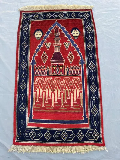 2'1x3'6 ft Vintage Afghan Hand Knotted Wool Prayer Rug Crimson Red Navy Mosque Minaret Pictorial Tribal Prayer