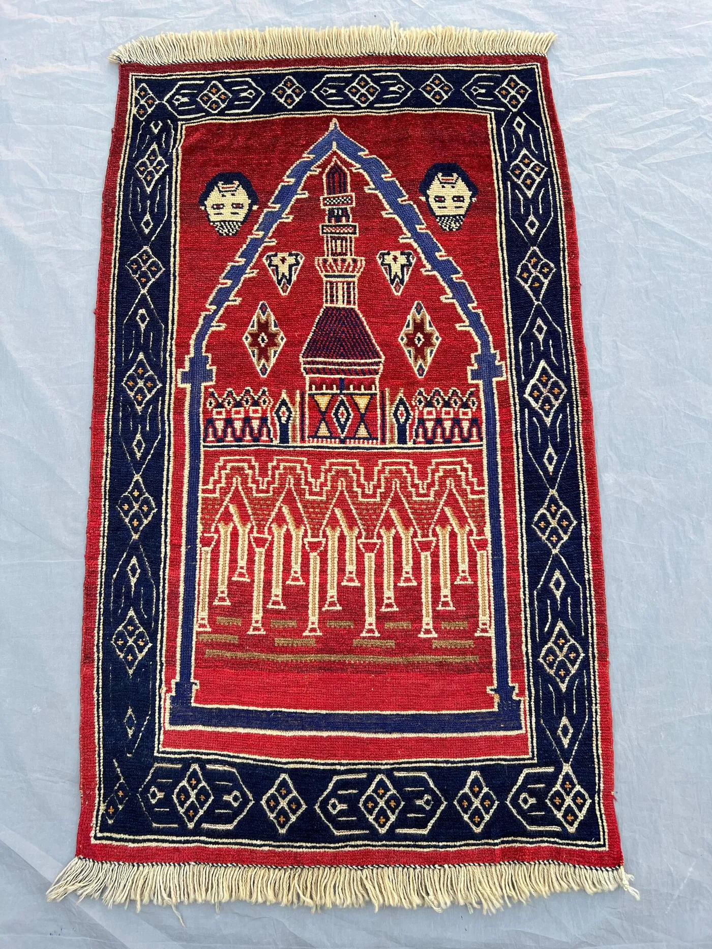 2'1x3'6 ft Vintage Afghan Hand Knotted Wool Prayer Rug Crimson Red Navy Mosque Minaret Pictorial Tribal Prayer Mat Wall Hanging
