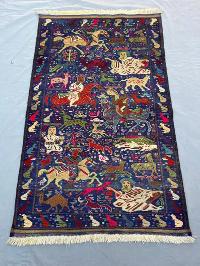 3x5 ft Vintage Afghan Hand Knotted Wool Rug Royal Blue Pictorial Hunting Scene Tribal Figurative Rug Living Ro
