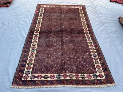 5x8 ft Vintage Afghan Baluchi Hand Knotted Wool Rug Deep Burgundy All Over Diamond Geometric Tribal Rug Living