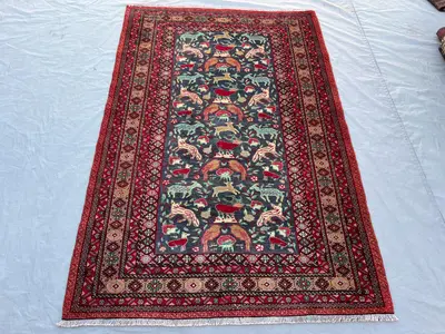 4'3x6'4 ft Vintage Afghan Hand-Knotted Rug – Animal Motifs Design with Red Border, Handmade, Boho Home Decor, 