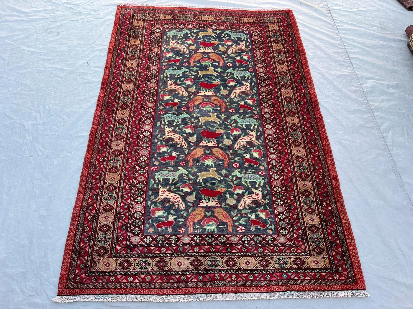 4'3x6'4 ft Vintage Afghan Hand-Knotted Rug – Animal Motifs Design with Red Border, Handmade, Boho Home Decor, Cozy Living Room Accent