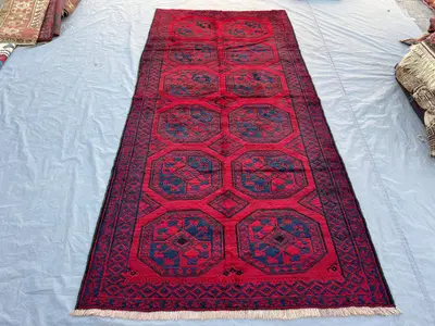 4'6x9'10 ft Vintage Afghan Ersari Hand Knotted Wool Runner Rug Crimson Red Navy Elephant Foot Gul Tribal Hallw