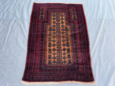 3'2x4'9 Vintage Afghan Prayer Rug | Hand Knotted Wool Area Rug | Burnt Orange Navy Blue Botanical Rug | Bohemi