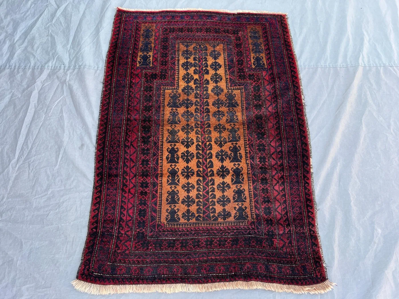 3'2x4'9 Vintage Afghan Prayer Rug | Hand Knotted Wool Area Rug | Burnt Orange Navy Blue Botanical Rug | Bohemian Accent Rug