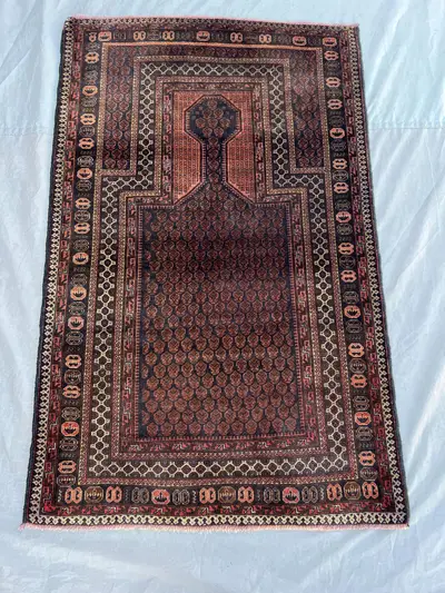 2'11x4'7 Vintage Afghan Prayer Rug Dark Navy Rust Mihrab Boteh All-Over Hand Knotted Wool Pile Rug | Bedroom L