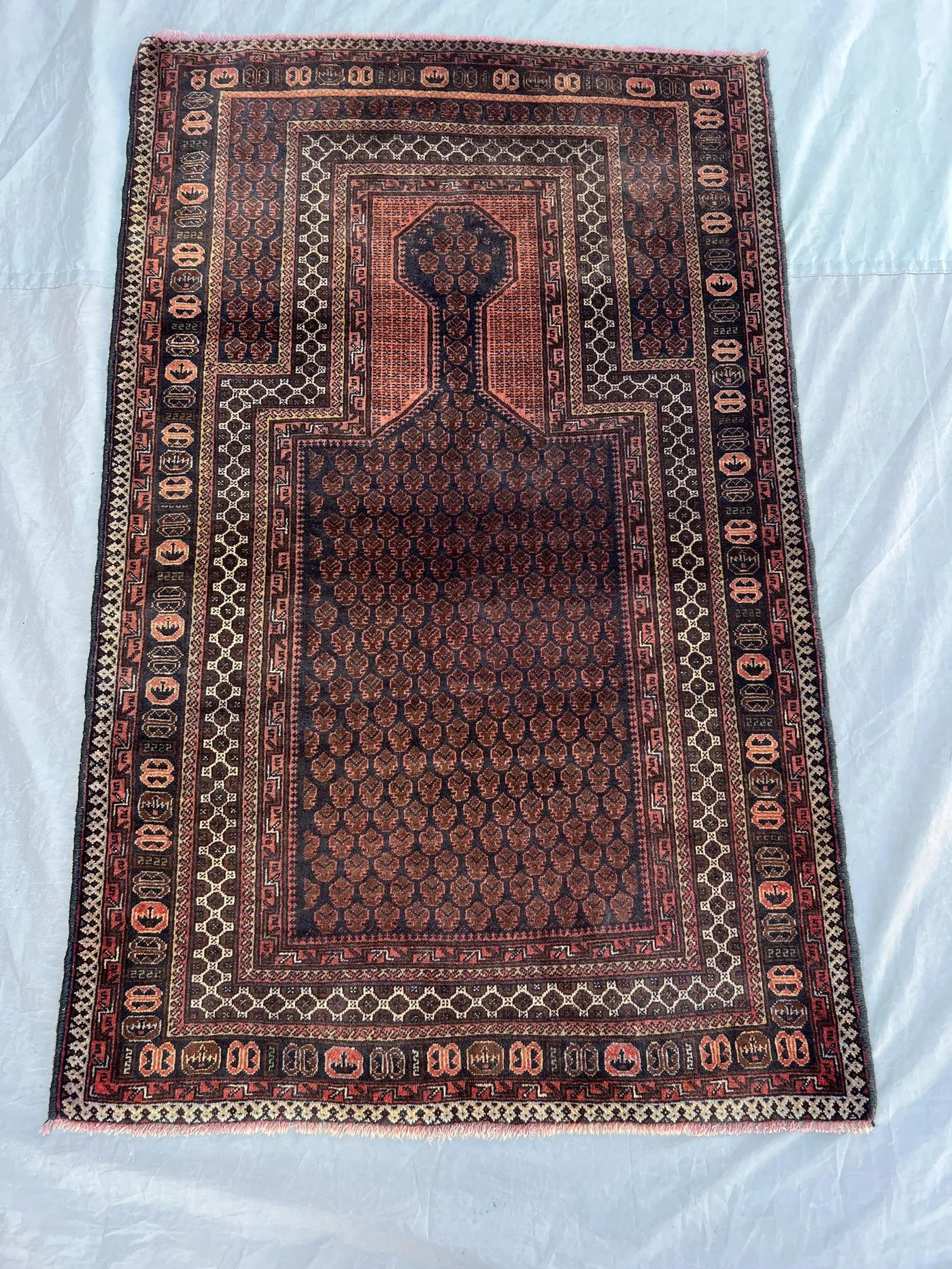 2'11x4'7 Vintage Afghan Prayer Rug Dark Navy Rust Mihrab Boteh All-Over Hand Knotted Wool Pile Rug | Bedroom Living Room Traditional Decor