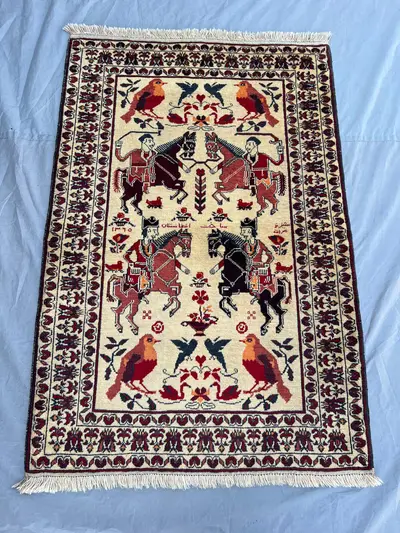 3x4'7 ft Vintage Afghan Pictorial Rug, Handwoven Wool Pile, Horse Riders and Birds Design, Handknotted, Ideal 