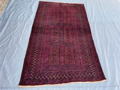 4'3x7'2 Vintage Afghan Tribal Rug | Hand Knotted Wool Area Rug | Deep Red Navy Blue Geometric Panel Rug | Bohe