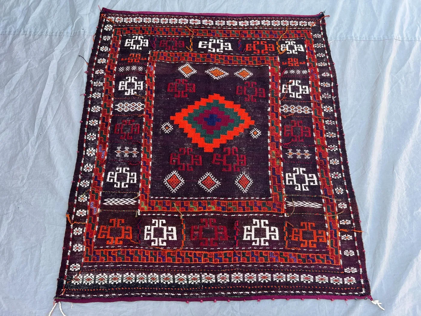 3.4x3.9 ft Vintage Afghan Kilim Rug, Handwoven Wool, Geometric Tribal Design, Decorative Accent, Ideal for Living Room, Bedroom, or Entryway