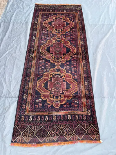 3.2x8.2 ft Vintage Afghan Rug, Handwoven Wool Pile, Geometric Design with Rich Reds and Blues, Handknotted, Id