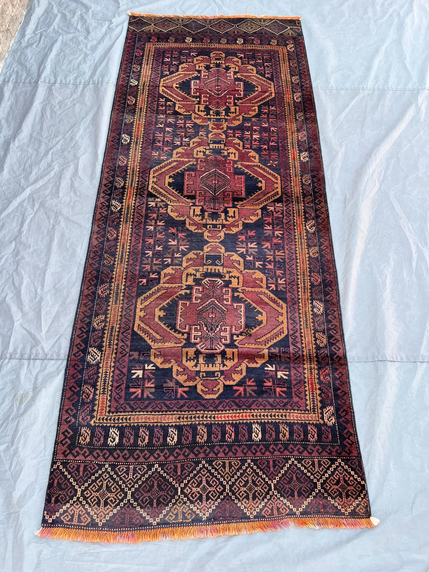 3.2x8.2 ft Vintage Afghan Rug, Handwoven Wool Pile, Geometric Design with Rich Reds and Blues, Handknotted, Ideal for Hallway, or Entryway