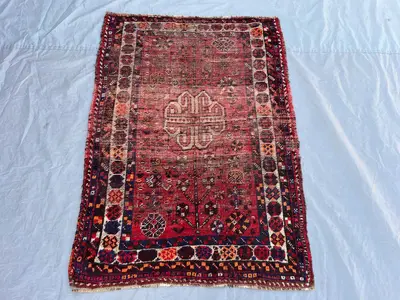 3'1x4'4 Vintage Afghan Tribal Rug | Hand Knotted Wool Area Rug | Faded Red Medallion Geometric Rug | Bohemian 
