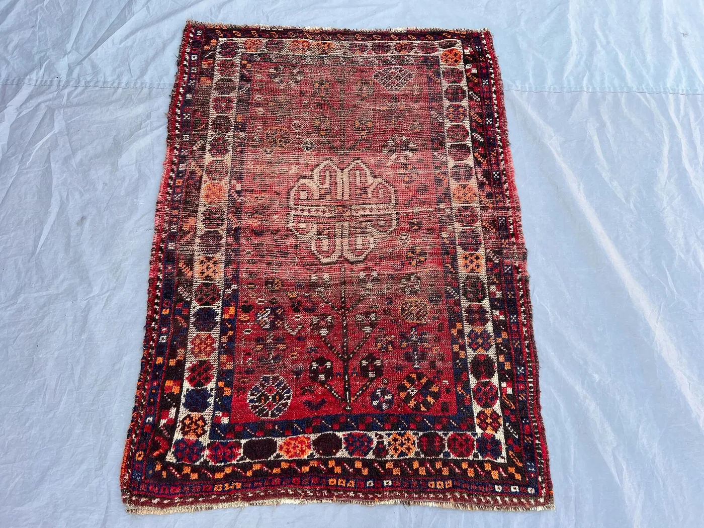 3'1x4'4 Vintage Afghan Tribal Rug | Hand Knotted Wool Area Rug | Faded Red Medallion Geometric Rug | Bohemian Accent Rug Antique Distressed