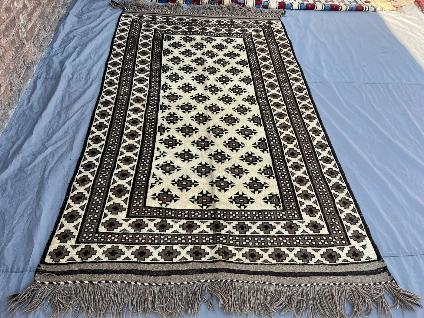 5'1x8'6 ft Vintage Afghan Kilim Rug, Handmade Flatweave Wool Rug, Tribal Geometric Carpet, Neutral Brown Ivory Runner, Boho Farmhouse Decor