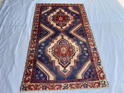 4×6'9 ft Vintage Afghan Kazak Style Handwoven Tribal Wool Rug Double Diamond Medallion Geometric Floral Design