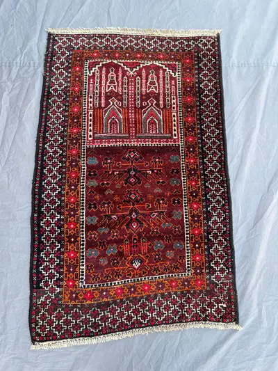 2'9x4'2 Vintage Afghan Hand Knotted Wool Prayer Rug Dark Red Orange Mosque Arch Mihrab Tribal Geometric Boho B