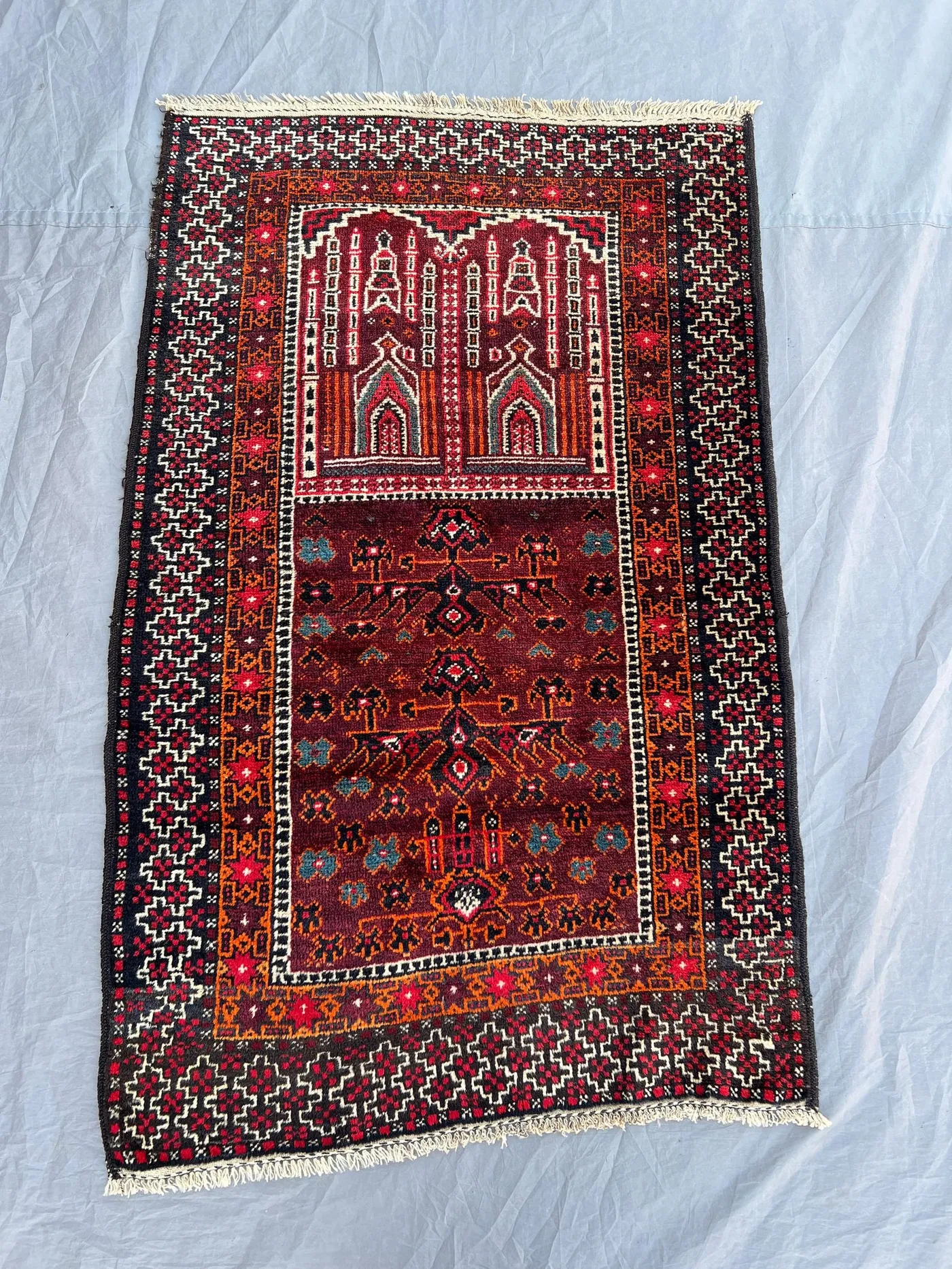 2'9x4'2 Vintage Afghan Hand Knotted Wool Prayer Rug Dark Red Orange Mosque Arch Mihrab Tribal Geometric Boho Bedroom Wall Hanging Carpet