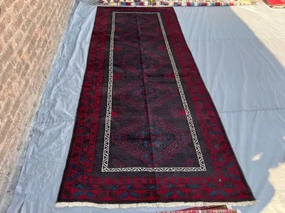 4'7x11'6 Vintage Afghan Hand Knotted Wool Runner Dark Navy Red All Over Geometric Diamond Tribal Hallway Stair