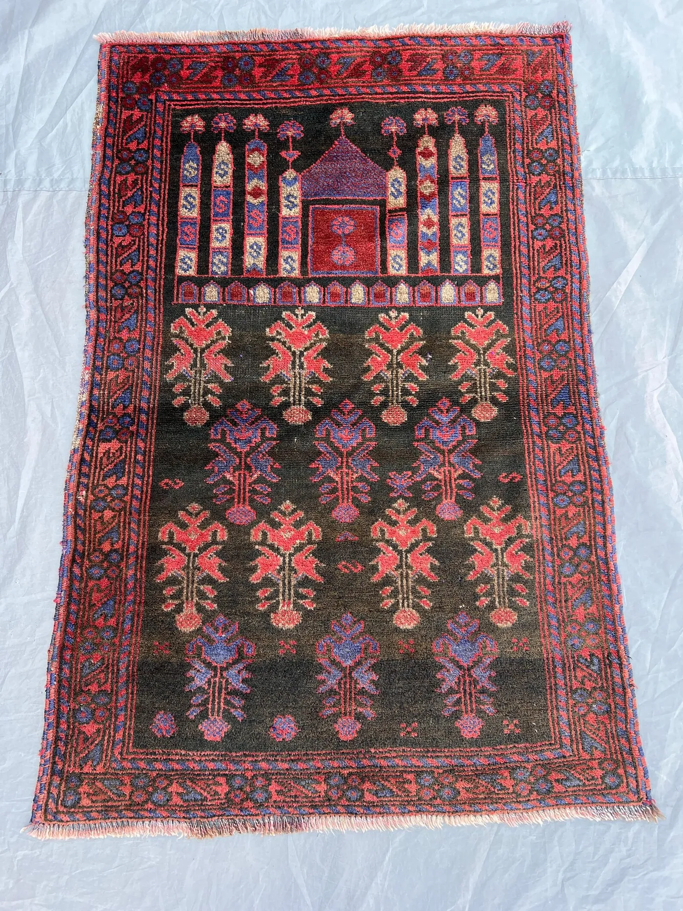 2'7x4'4 ft Vintage Afghan Prayer Rug, Handmade Baluchi Wool Rug, Tribal Mosque Design Carpet, Small Boho Islamic Decor Accent Area Rug