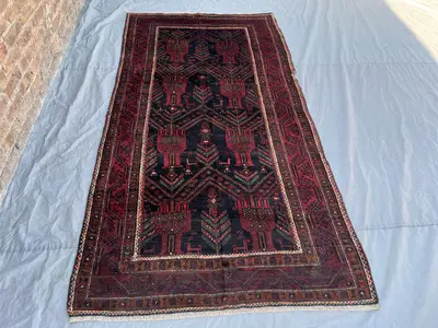 4x8'7 Vintage Afghan Hand Knotted Wool Rug Near Black Navy Red All Over Tree of Life Animal Tribal Geometric B