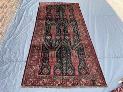 4'4x8'11 Vintage Afghan Hand Knotted Wool Rug Dark Teal Green Red All Over Tree Geometric Tribal Boho Living R