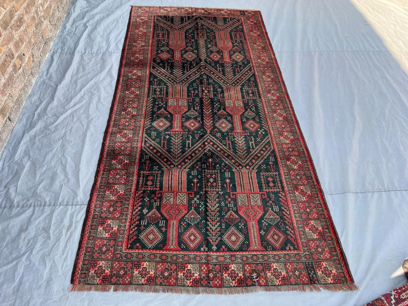 4'4x8'11 Vintage Afghan Hand Knotted Wool Rug Dark Teal Green Red All Over Tree Geometric Tribal Boho Living Room Dining Bedroom Carpet