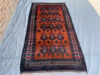 4'6x8'6 Ft Vintage Afghan Hand Knotted Wool Rug Burnt Orange Navy All Over Tribal Geometric Floral Motif Boho 